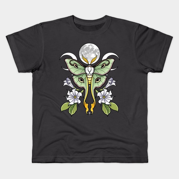 Luna moth with Datura Kids T-Shirt by theartofamberramirez